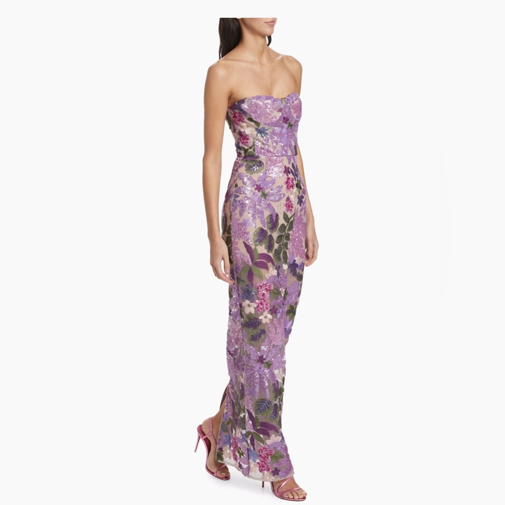 NWOT BRONX AND BANCO Dahlia Strapless Floral-Embroidered Sequin Gown - Picture 7 of 16